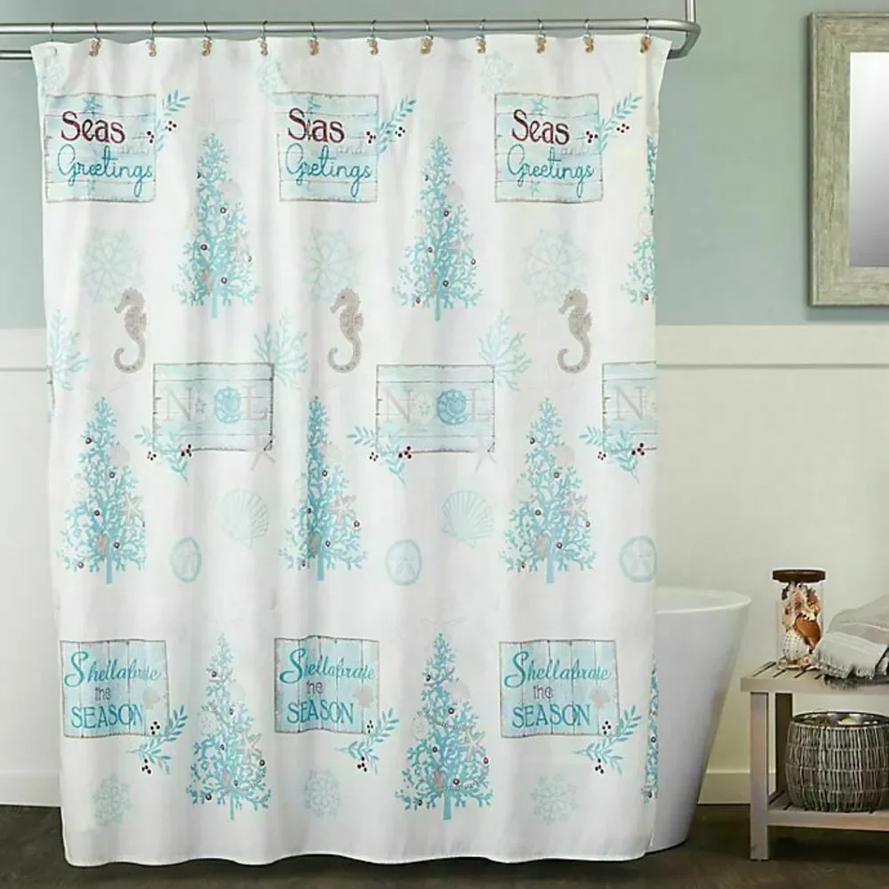Christmas Seas and Greetings Shower Curtain Hooks Nautical 70x72